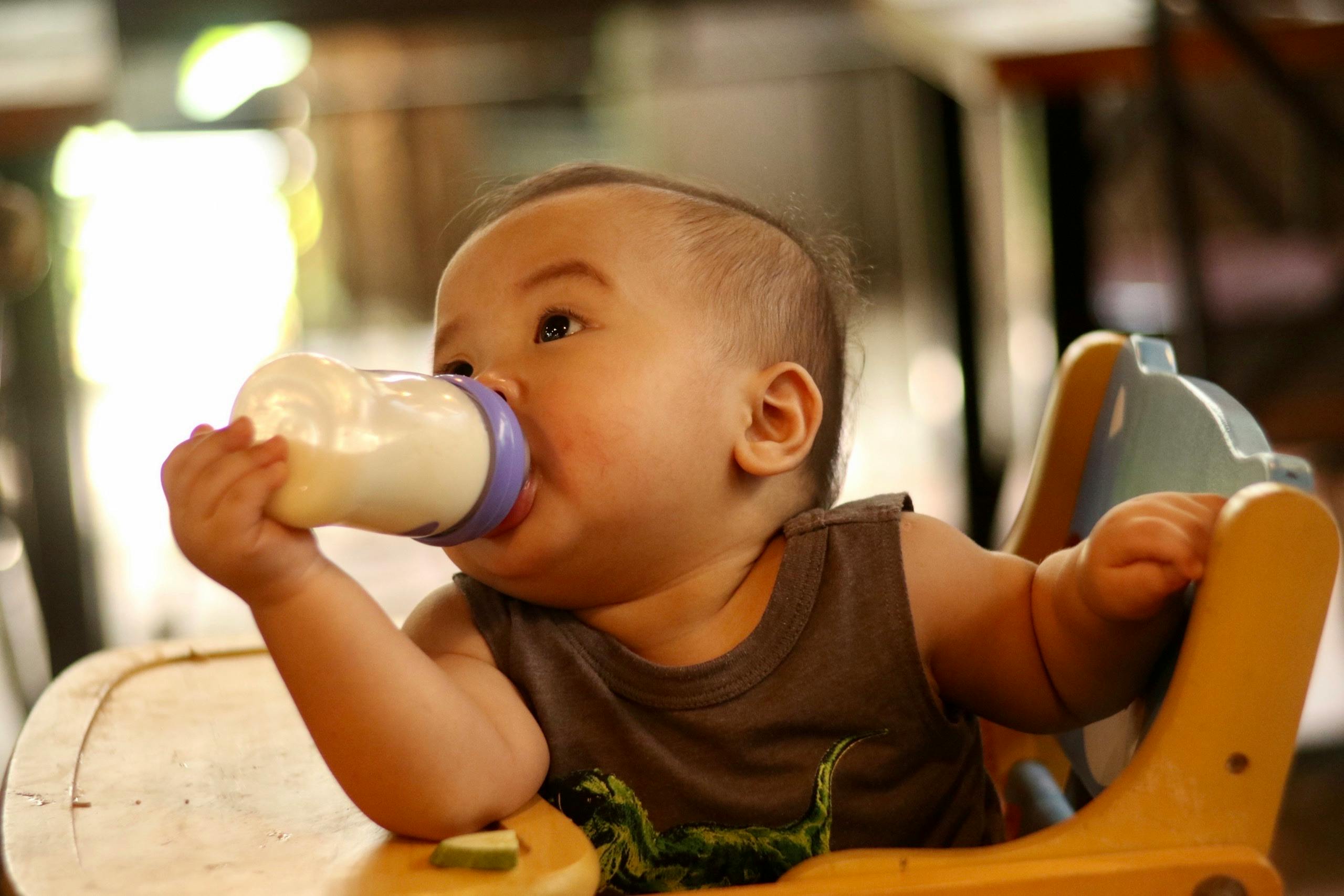 Cute baby in a high chair drinking milk from a bottle indoors, showcasing innocence and nourishment.